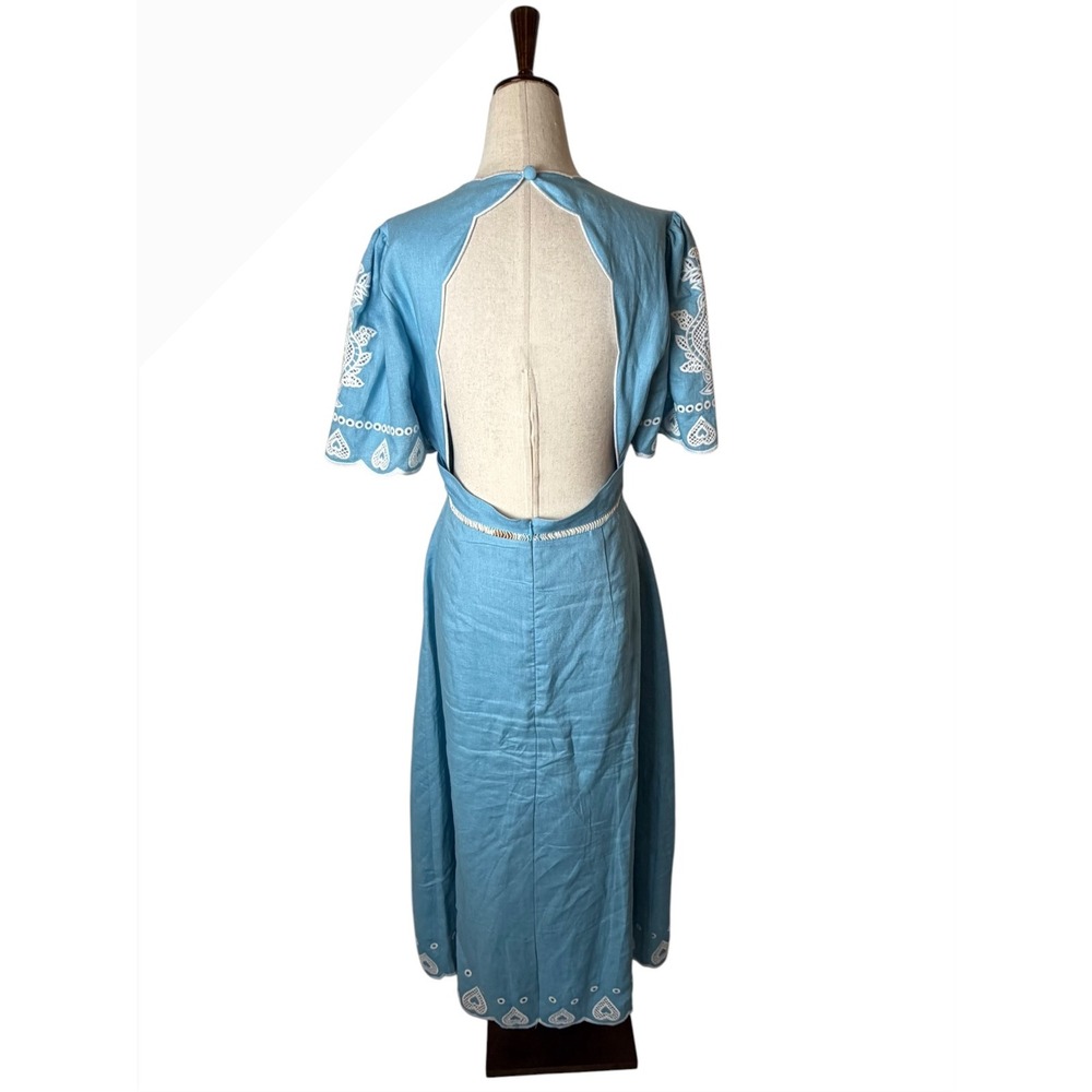 Farm Rio Midi Dress Women Medium Blue Embroidered Linen Open Back Scallop Boho - Picture 3 of 12